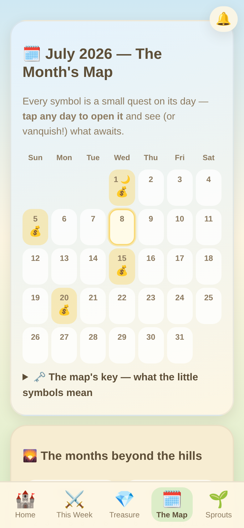 The month's map, a soft calendar of bills